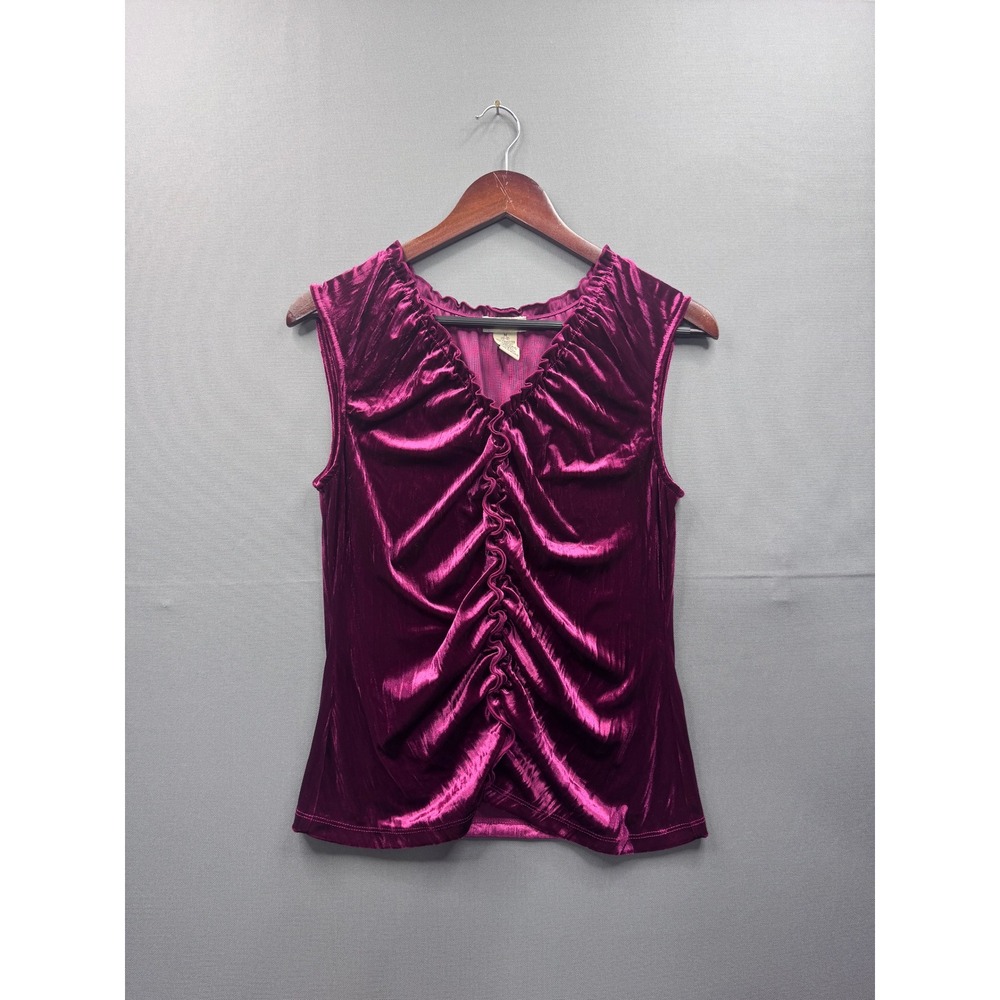 Apostrophe Vintage Stretch Women's Magenta Velvet Ruched V-Neck‎ Top Size M